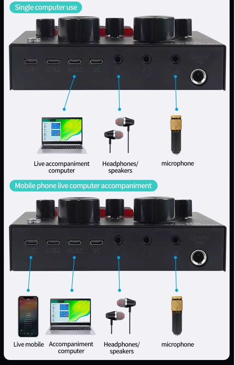 Mesa de som "Live Sound Card" + Phantom Power 48V + Fonte DC5V + Cabos