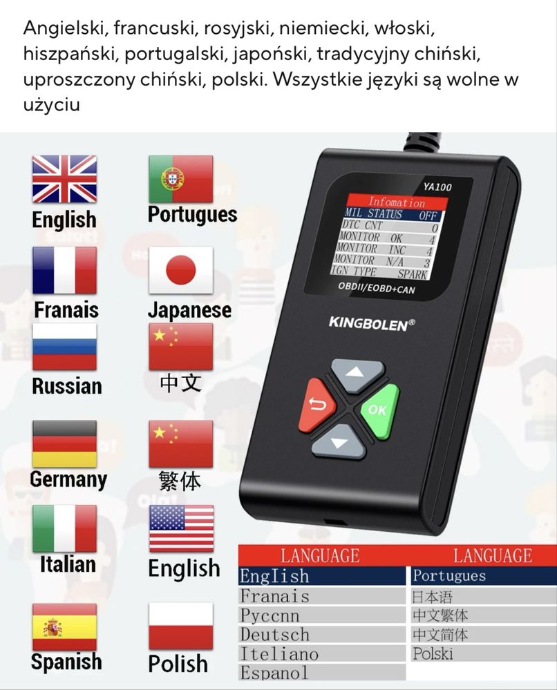 Skaner,komputer diagnostyczny OBD2 czytnik kodów YA100