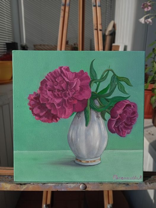 Картина масло, олія. Півонія. Пионы