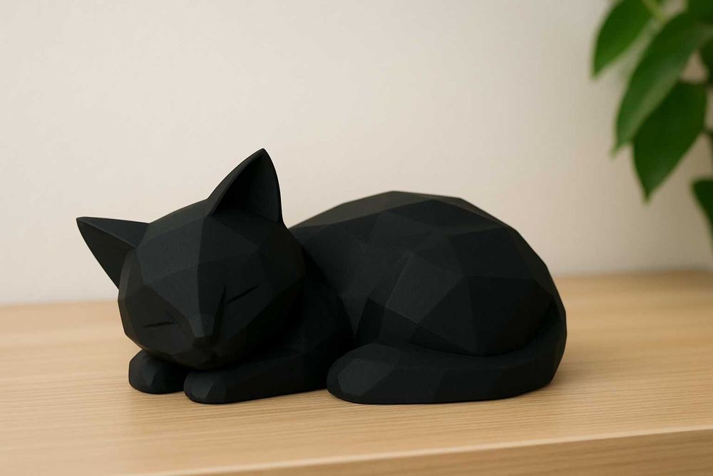 Śpiący kot – czarna geometryczna figurka 3D