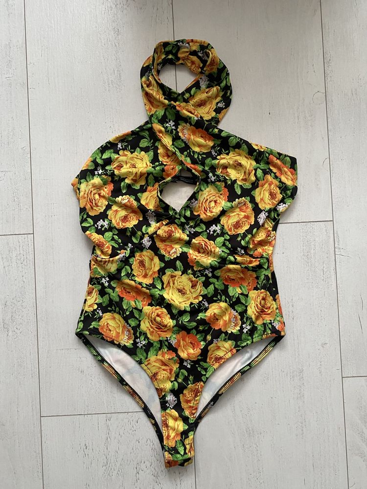 Zara kolorowe body w róże czarny żółty retro vintage S