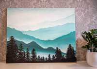 Obraz ręcznie malowany duży. akryl. 100x80 las mgła góry malarstwo
