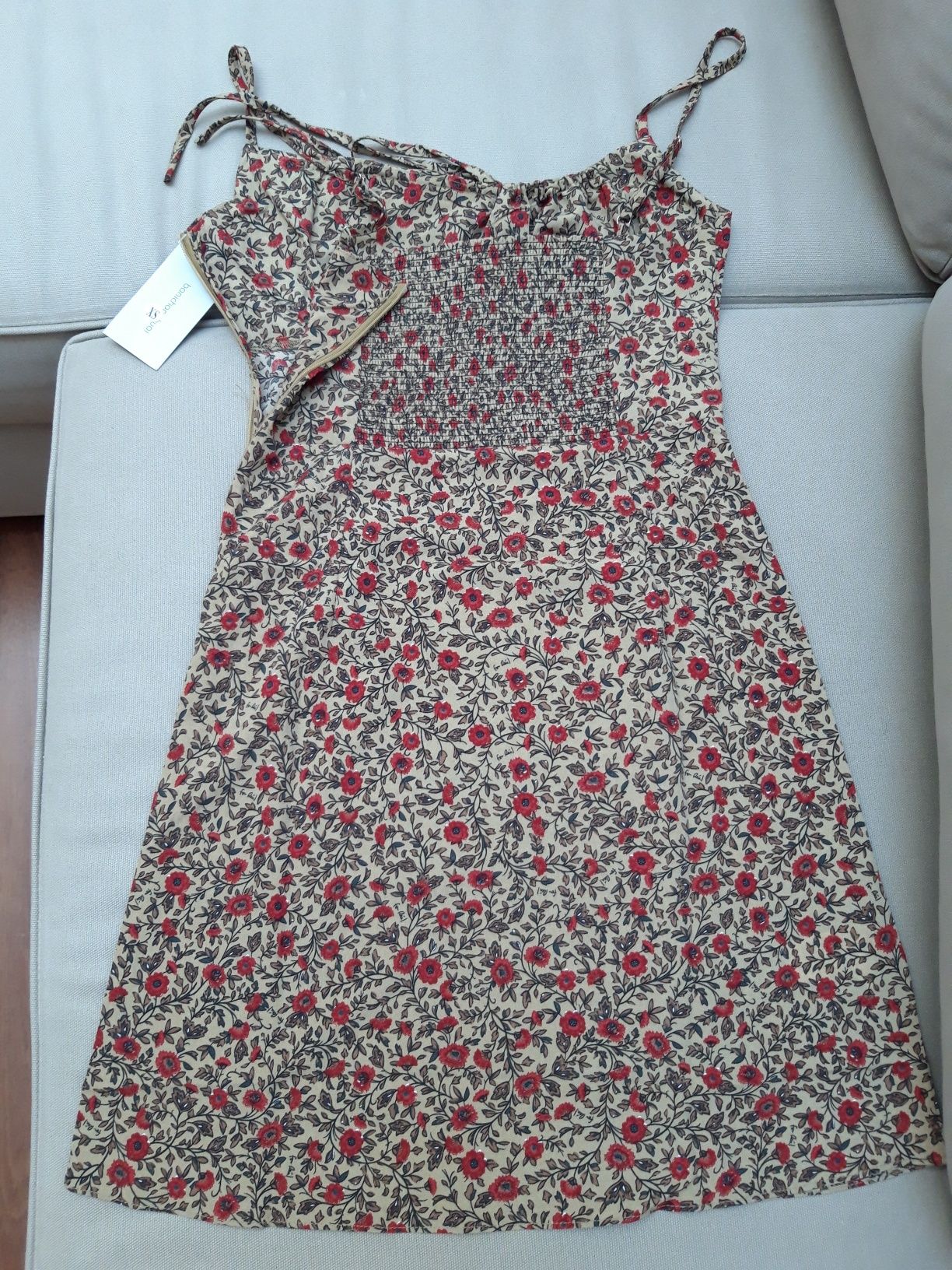 Vestido de Verão c/ padrões florais vintage - bege/vermelho XS-S NOVO!
