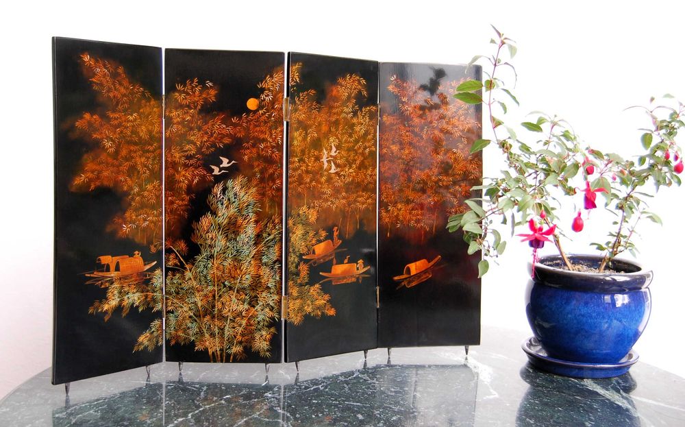 Parawan z laki, chiński obraz, pejzaż, laka, żurawie łodzie, vintage