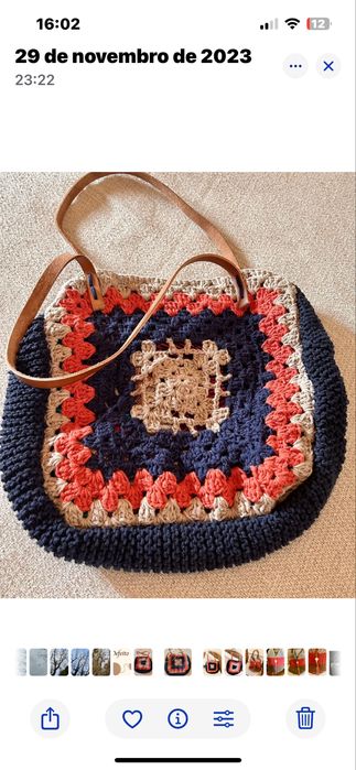 Saco em tricô, azul, bege e coral