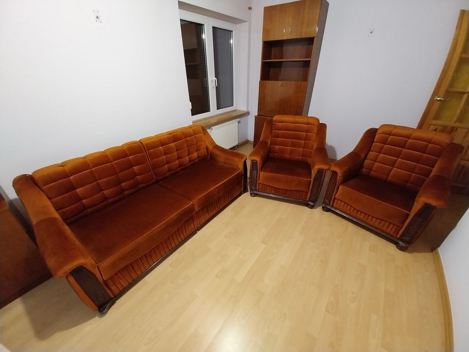 Wypoczynek sofa kanapa fotele welur lata 80/90 brąz drewno