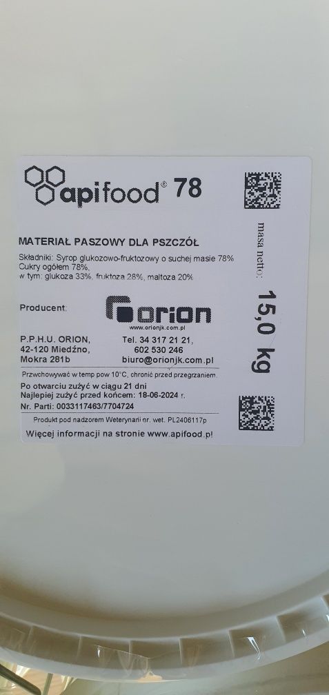 APIFOOD WIADERKO 15 KG inwert pokarm dla pszczół syrop cukier