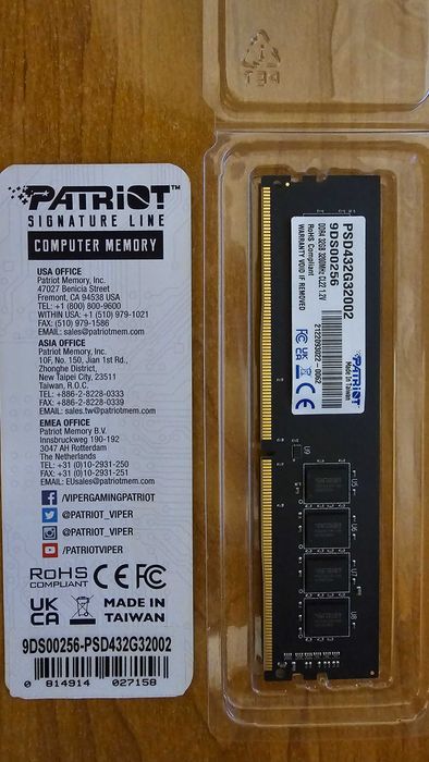 Patriot 32GB, 3200MHz, CL22.