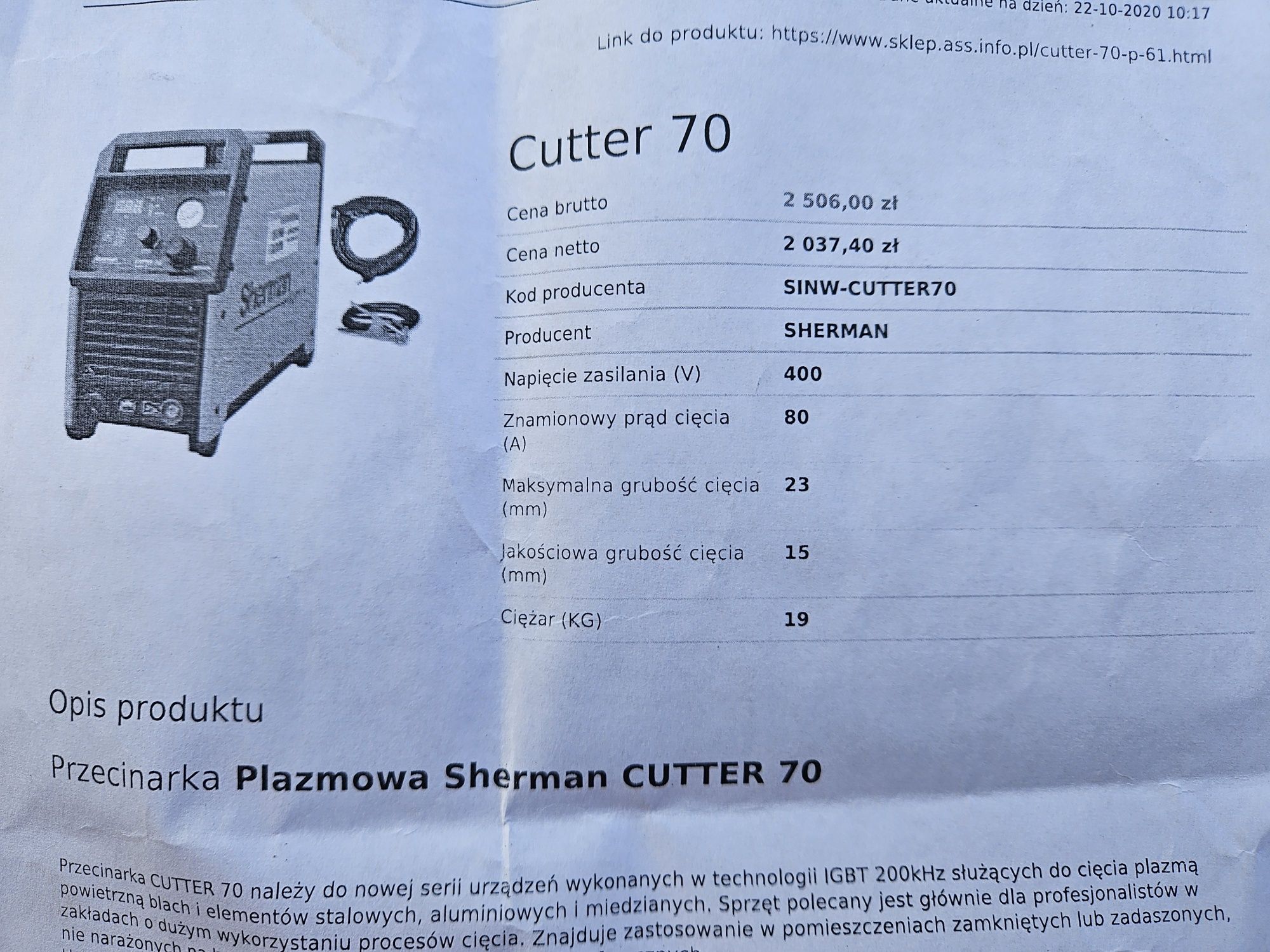 Plazma scherman cutter 70 do cięcia grubych blach