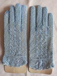 Vintage Prześliczne ażurowe błękitne rękawiczki