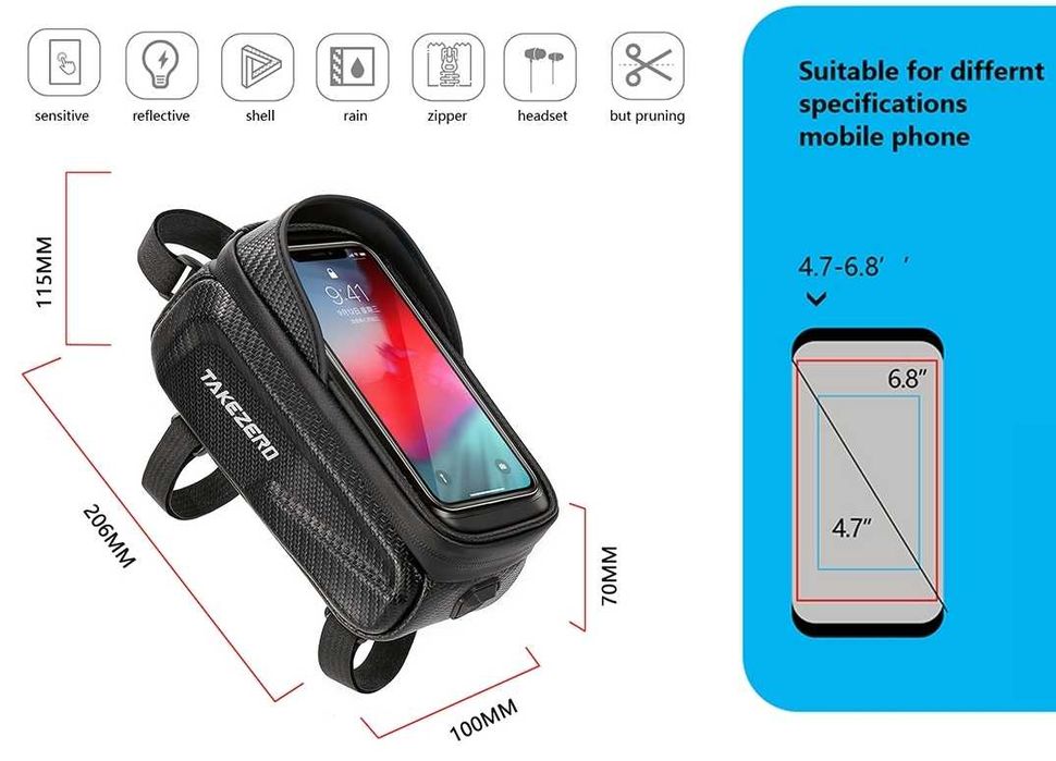 Sakwa rowerowa przednia na ramę uchwyt na telefon do 6,8 cala poj 1,5L