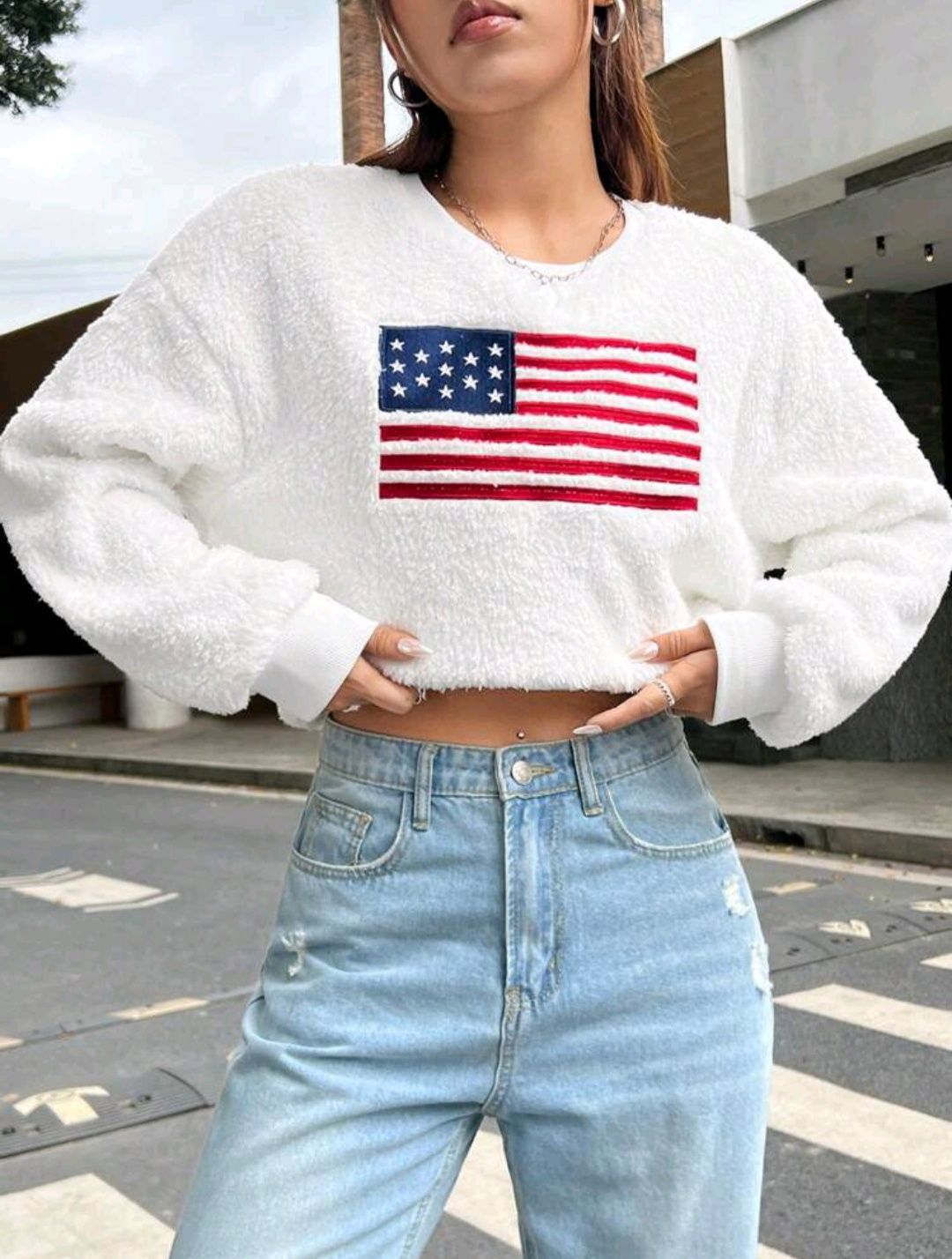 SHEIN EZwear Bordado De Bandeira Ombro Caído Lã Moletom