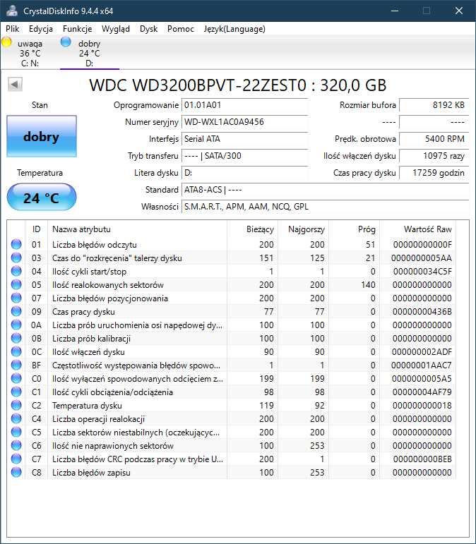 Dysk SATA HDD 2,5" WD 320 GB WDC 3200BPVT-22ZEST0