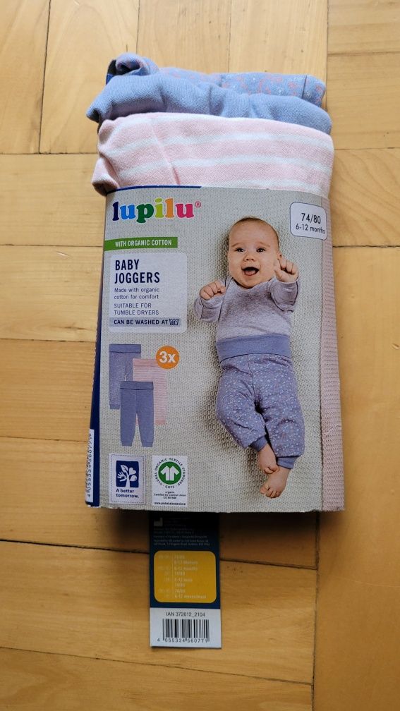 Nowe spodnie dresowe niemowlęce lupilu 74/80 6-12 m bawełna organiczna