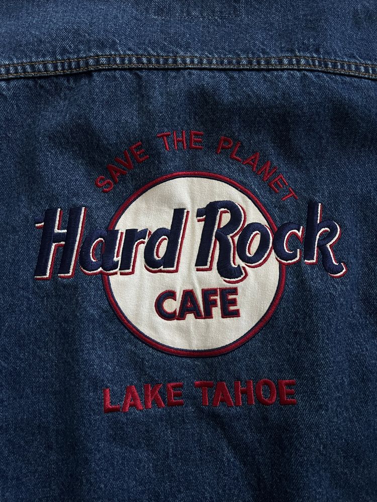 kurtka jeansowa z wyszywanym logo vintage granatowa Hard Rock Cafe