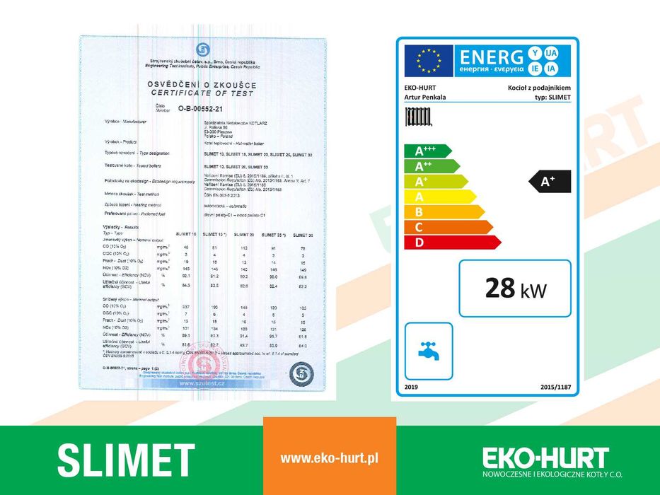 Kocioł SLIMET na pellet 28 kW 5 klasa certyfikat ECODESIGN lista ZUM