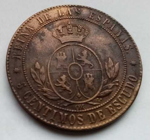 Moeda 5 cêntimos escudo 1867 Isabel II Spain
