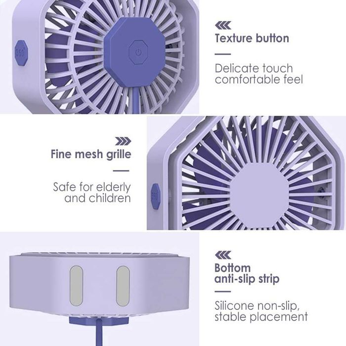 Wentylator USB, mini wentylator 360° 3 prędkości cichy sześciokątny