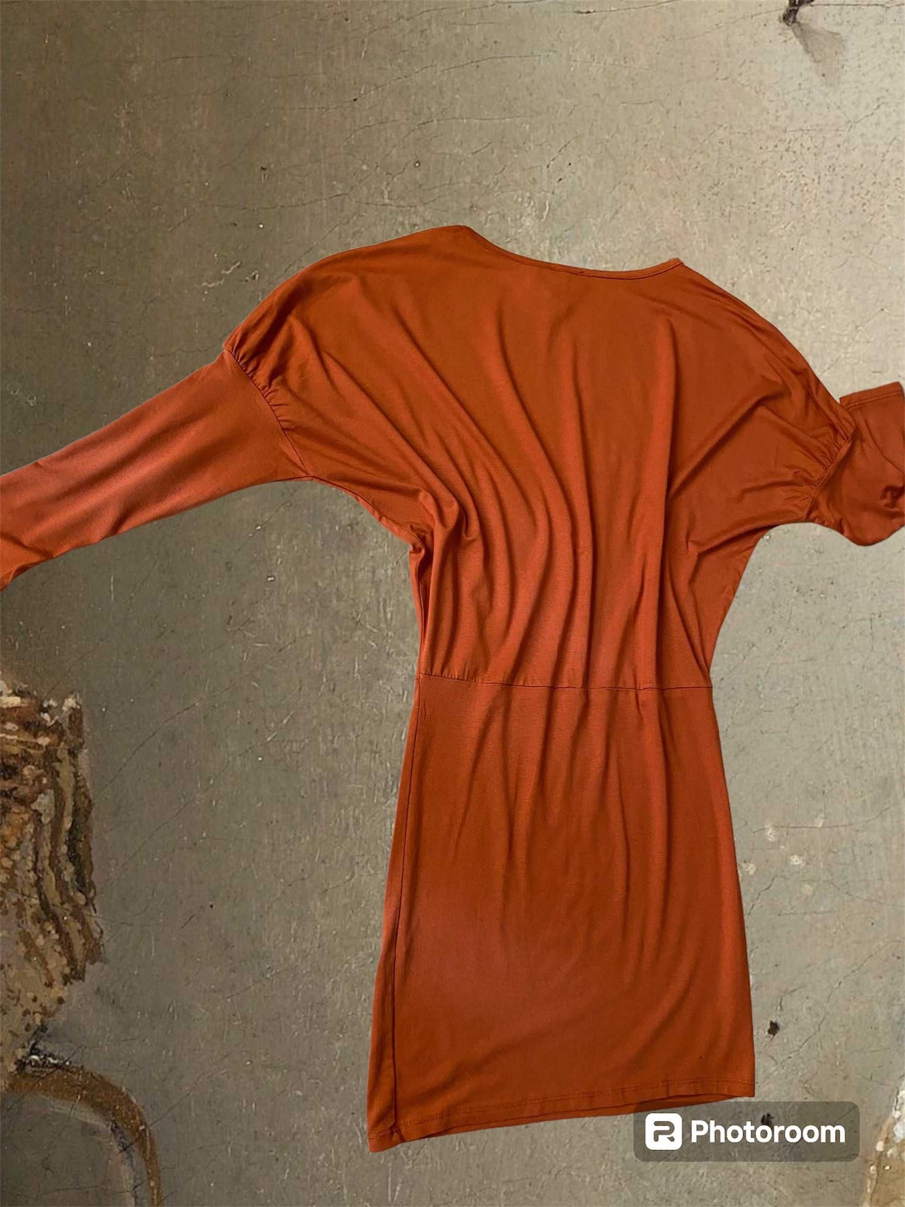Sukienka dress krótka z długim rękawem brązowa wiskoza dopasowana 38 M