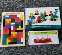 Zestaw 3 drewniane zabawki Pociąg z cyferkami + Puzzle Tetris + sorter