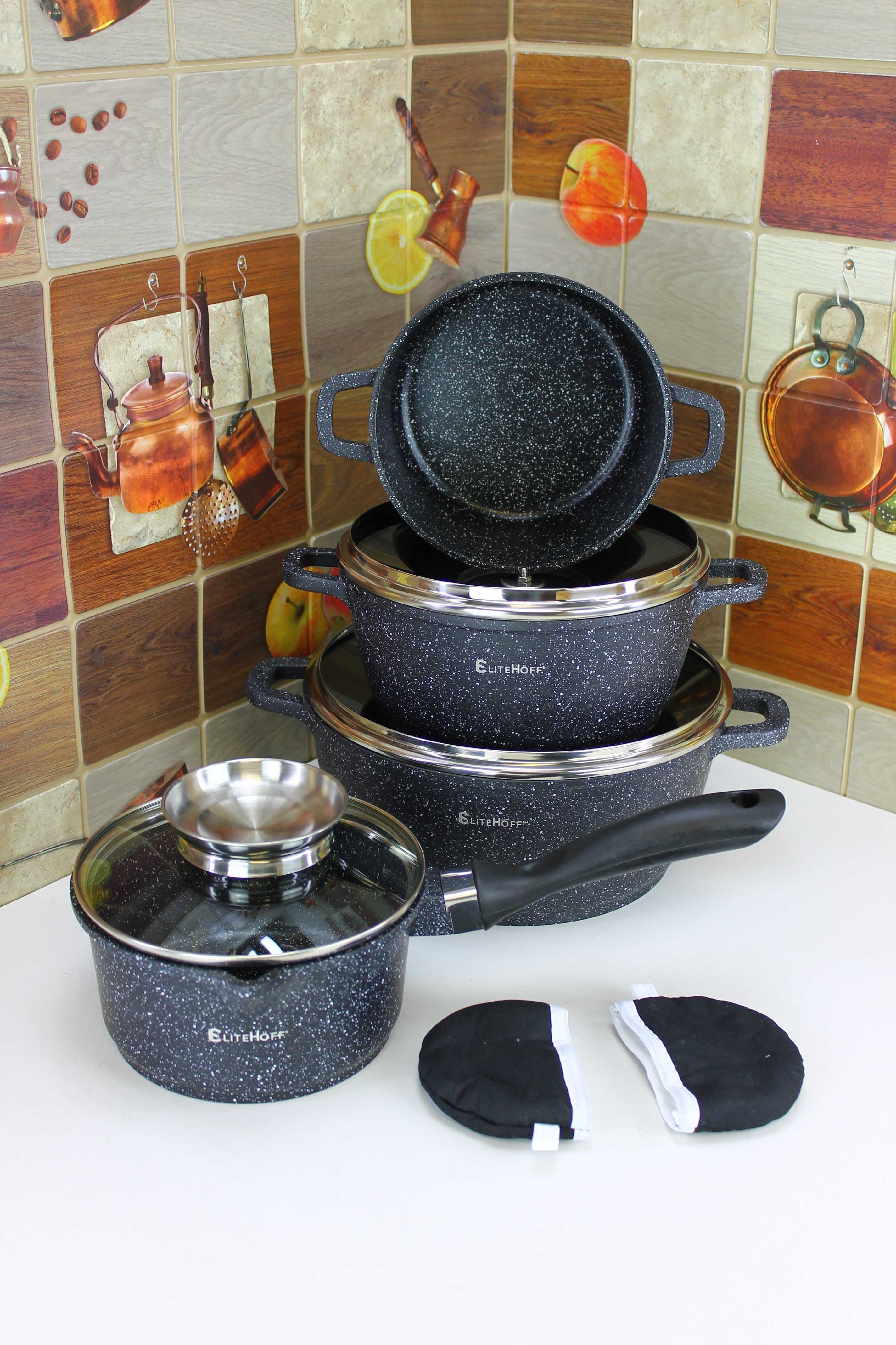 Solidne Garnki. Komplet czarnych Marmurowych Garnków Elitehoff 7058