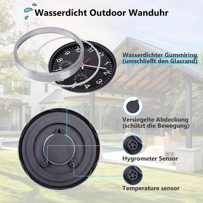 Zegar ścienny do ogrodu z termometrem i higrometrem.