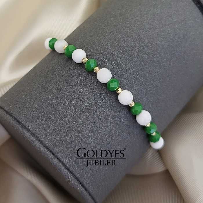 złota bransoletka na sznurku z naturalnymi kamieniami próba złota 585