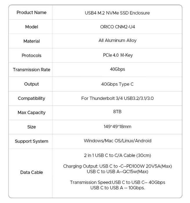 Зовнішня кишеня ORICO CNM2-U4 - 40Gbps USB4 для M.2 NVMe SSD