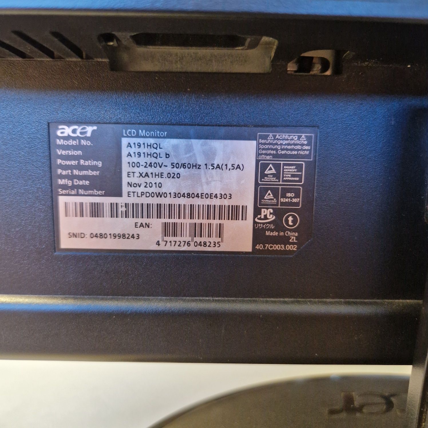 Monitor acer A191HQL 19"