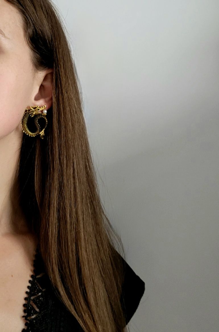 Duże złote kolczyki smok Japonia Korea japan korean dragon earrings