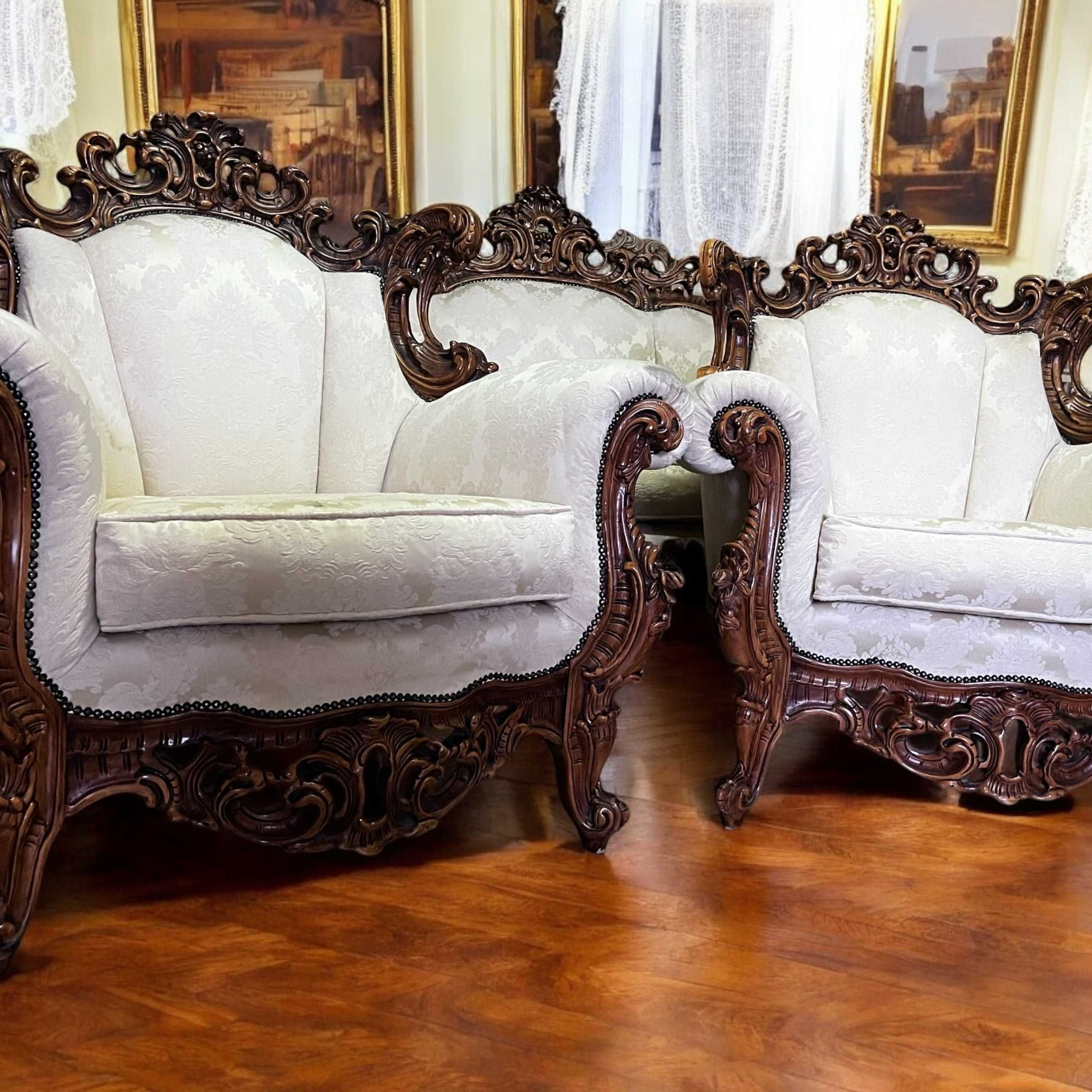 Rzeźbiony Zestaw Wypoczynkowy Sofa i 2 fotele Włoski