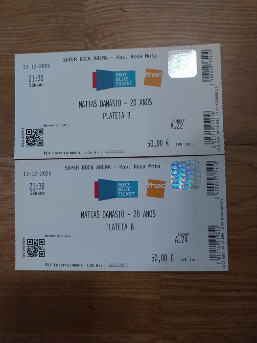 2 Bilhetes Matias Damásio Super Bock Arena Porto 13 Dezembro 2025