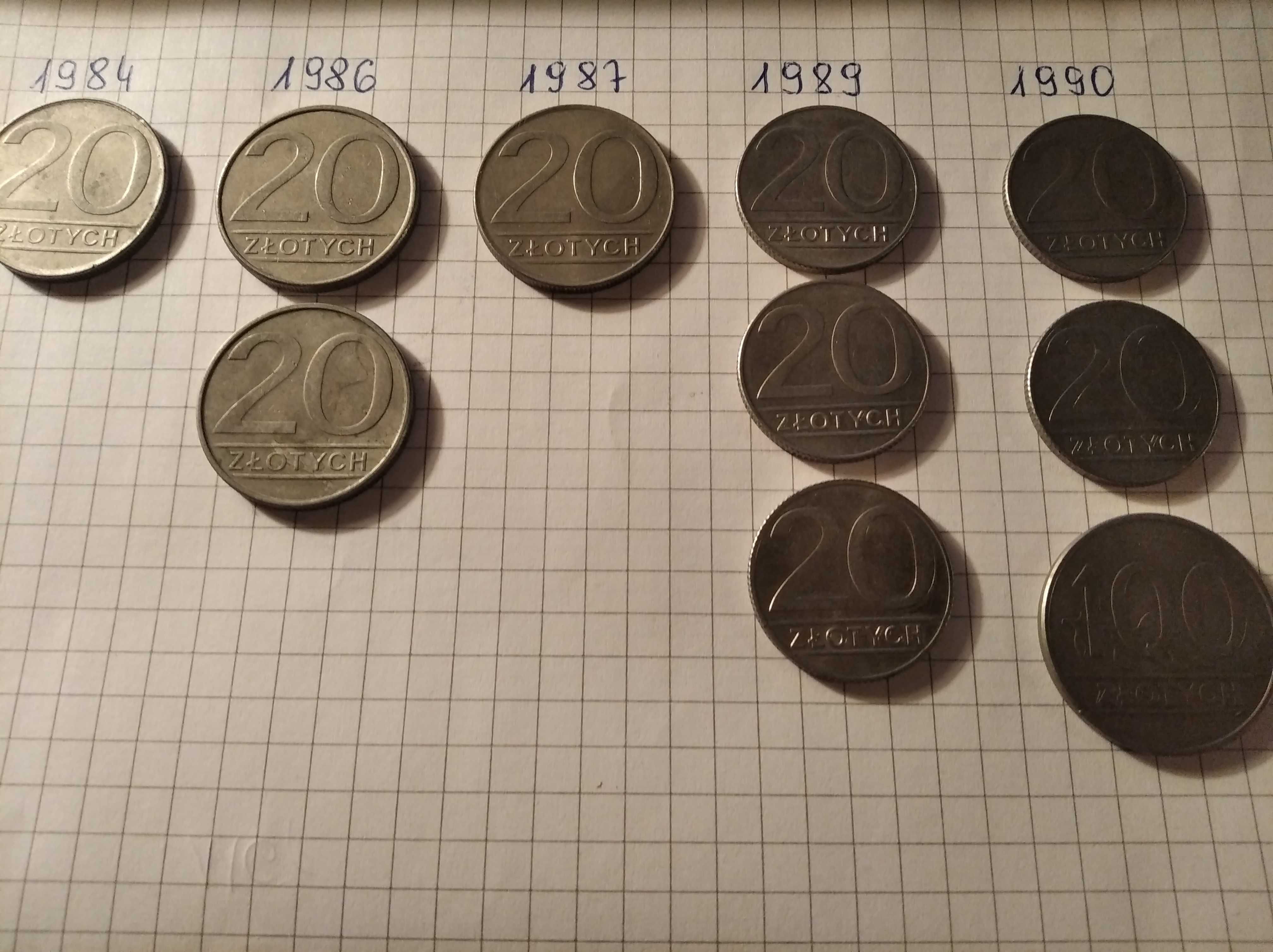 Monety 20 zł + 100 zł Razem 10 sztuk lata PRL 1984/1990