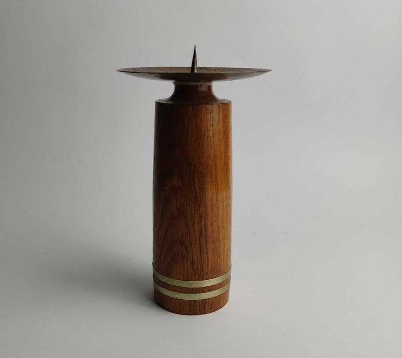 Świecznik drewniany z mosiądzem - lata 70