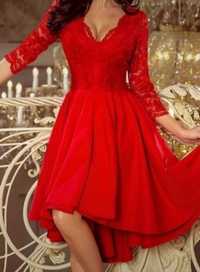 Czerwona sukienka koktajlowa asymetryczna 42 koronkowa + czółenka