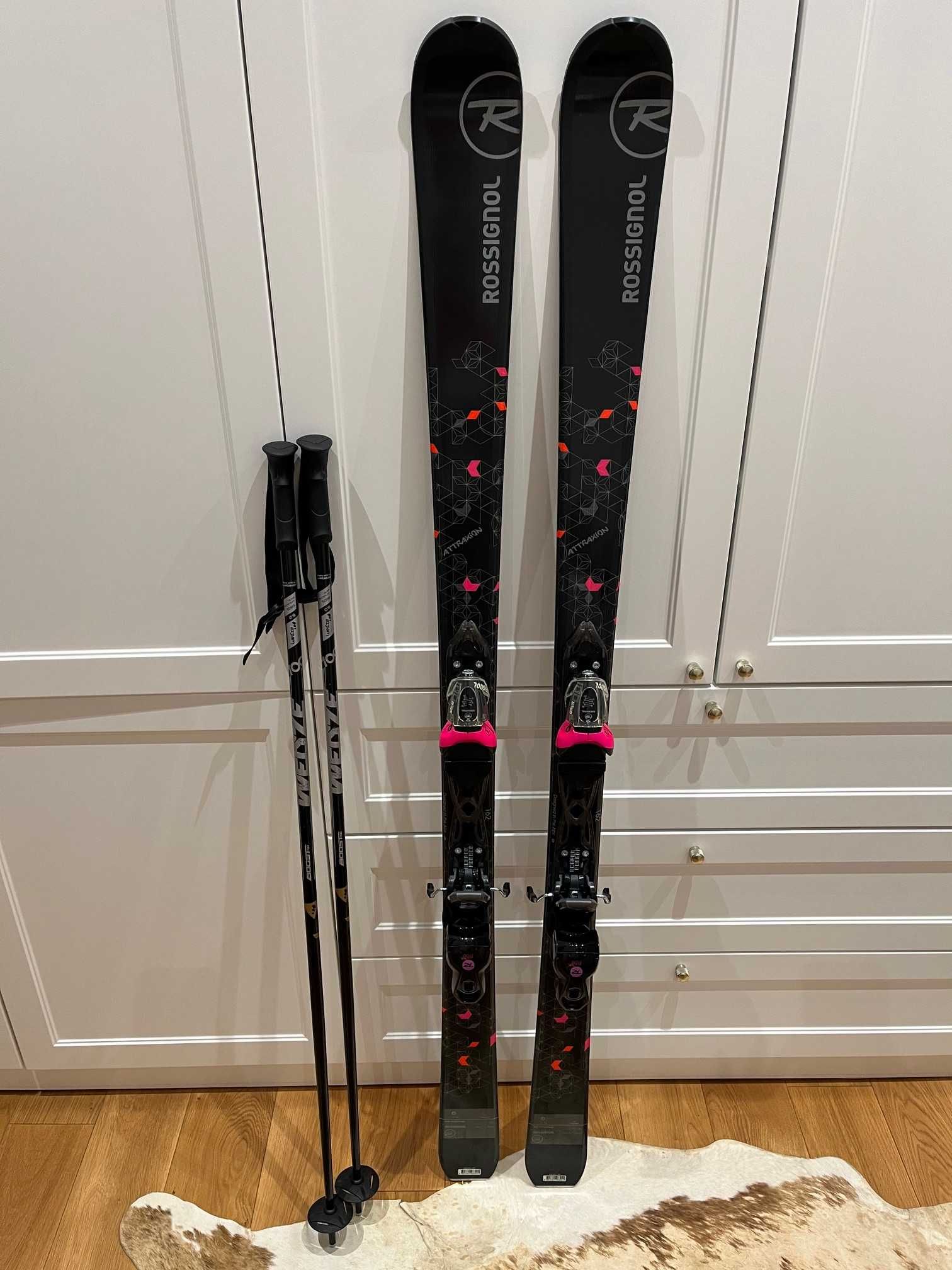 Nowe narty ROSSIGNOL Attraxion 162 CM z kijkami i pokrowcem na narty