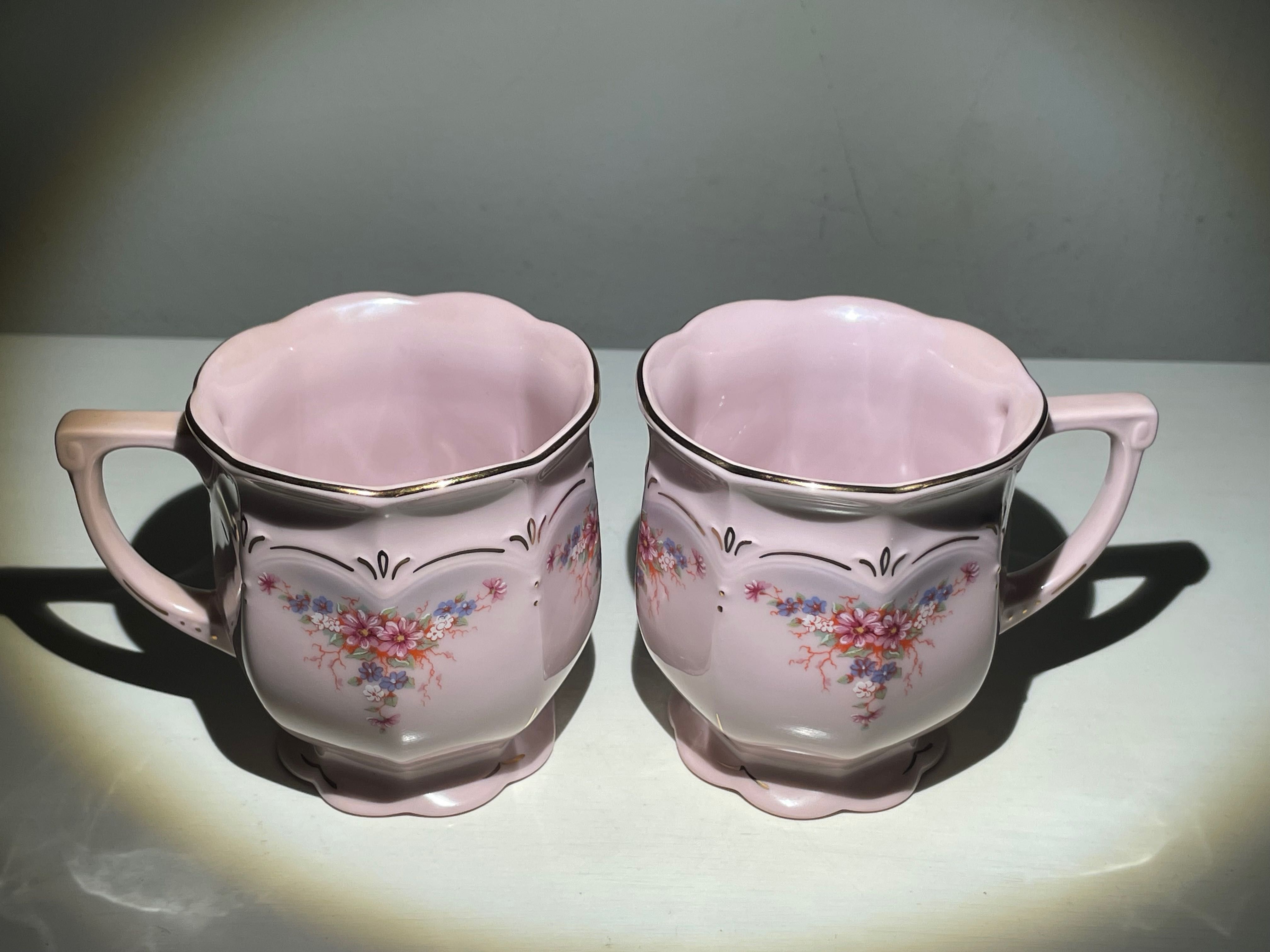 Dwa różowe kubki porcelanowe H&C oryginał Rosa Porzelian Czechy.