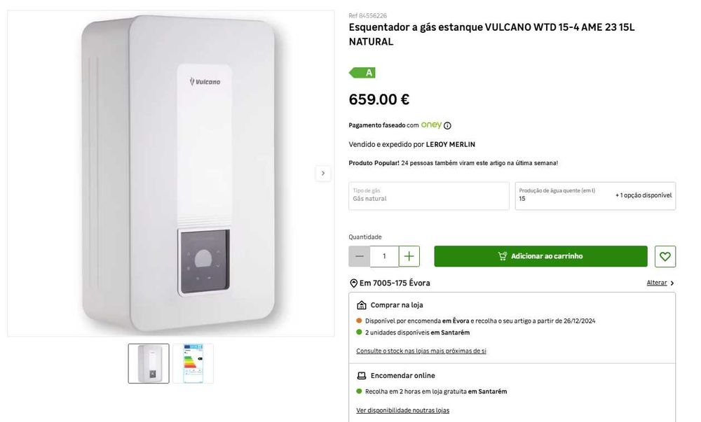 Esquentador Vulcano WTD15-4AMEV de 15L NUNCA USADO