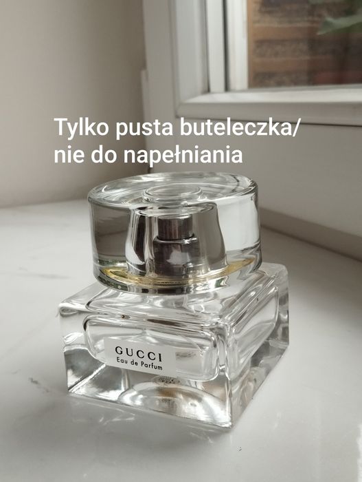 Ozdoba toaletki, szklana buteleczka po perfumach Gucci, nienapełnialna