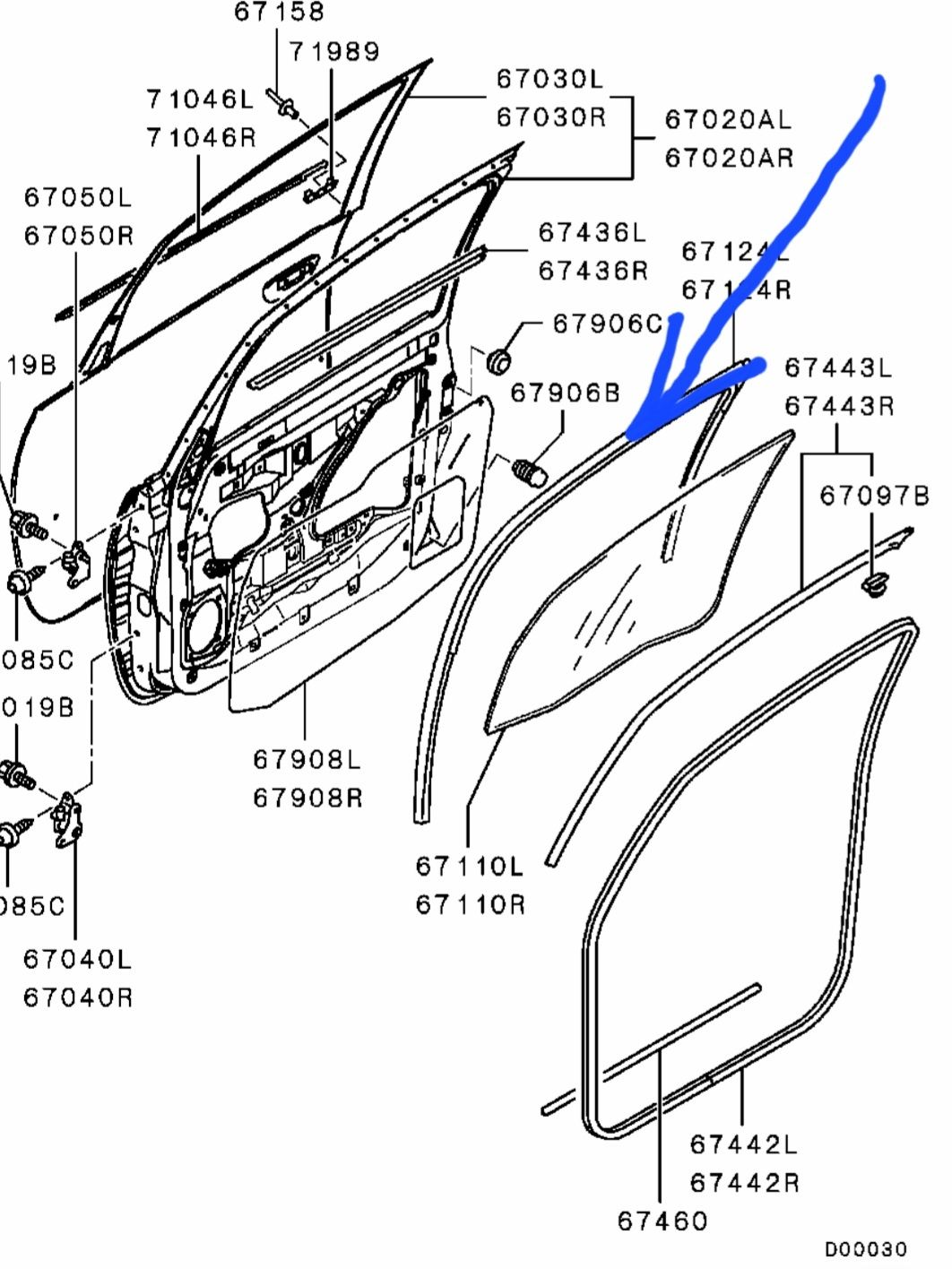 Уплотнитель стекла двери Mitsubishi Colt VI CZ34 2004-12, перед/зад