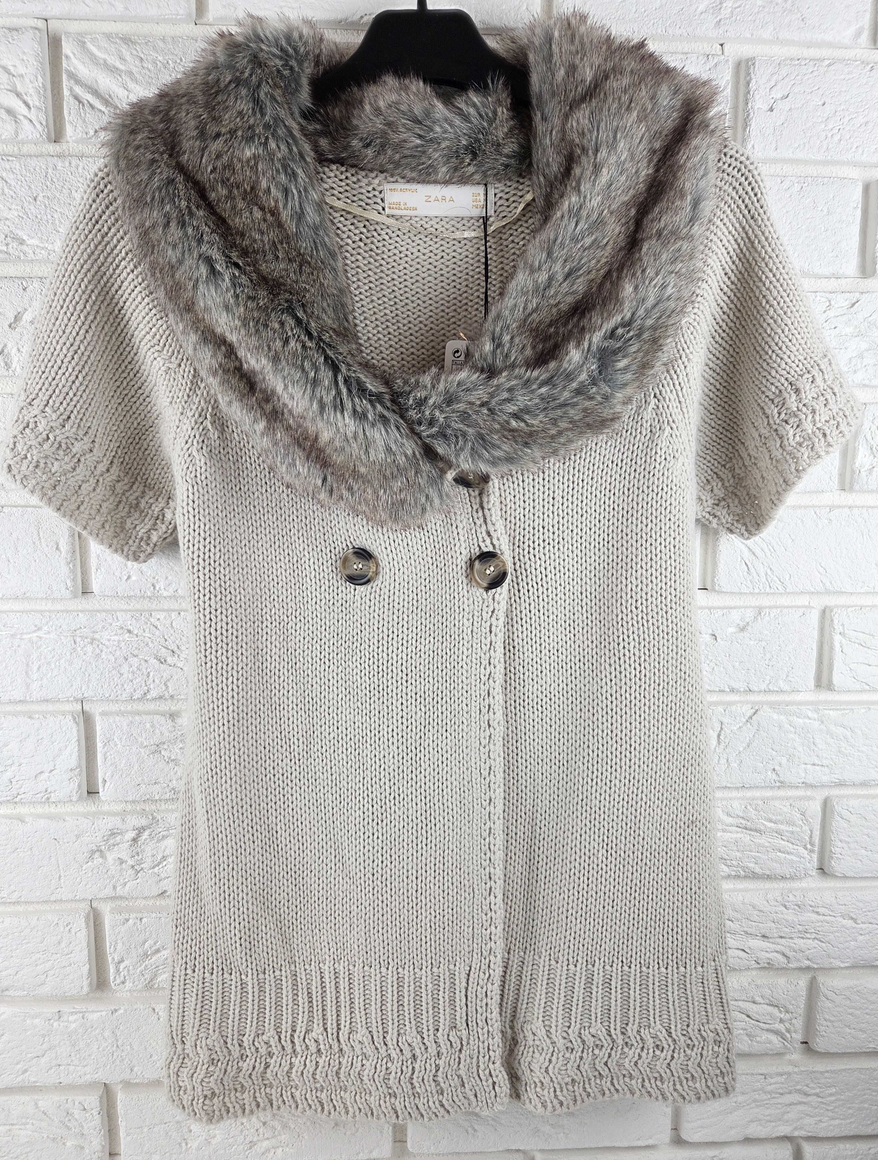Sweter z krótkim rękawem kamizelka z futrzanym kołnierzem ZARA NOWA M
