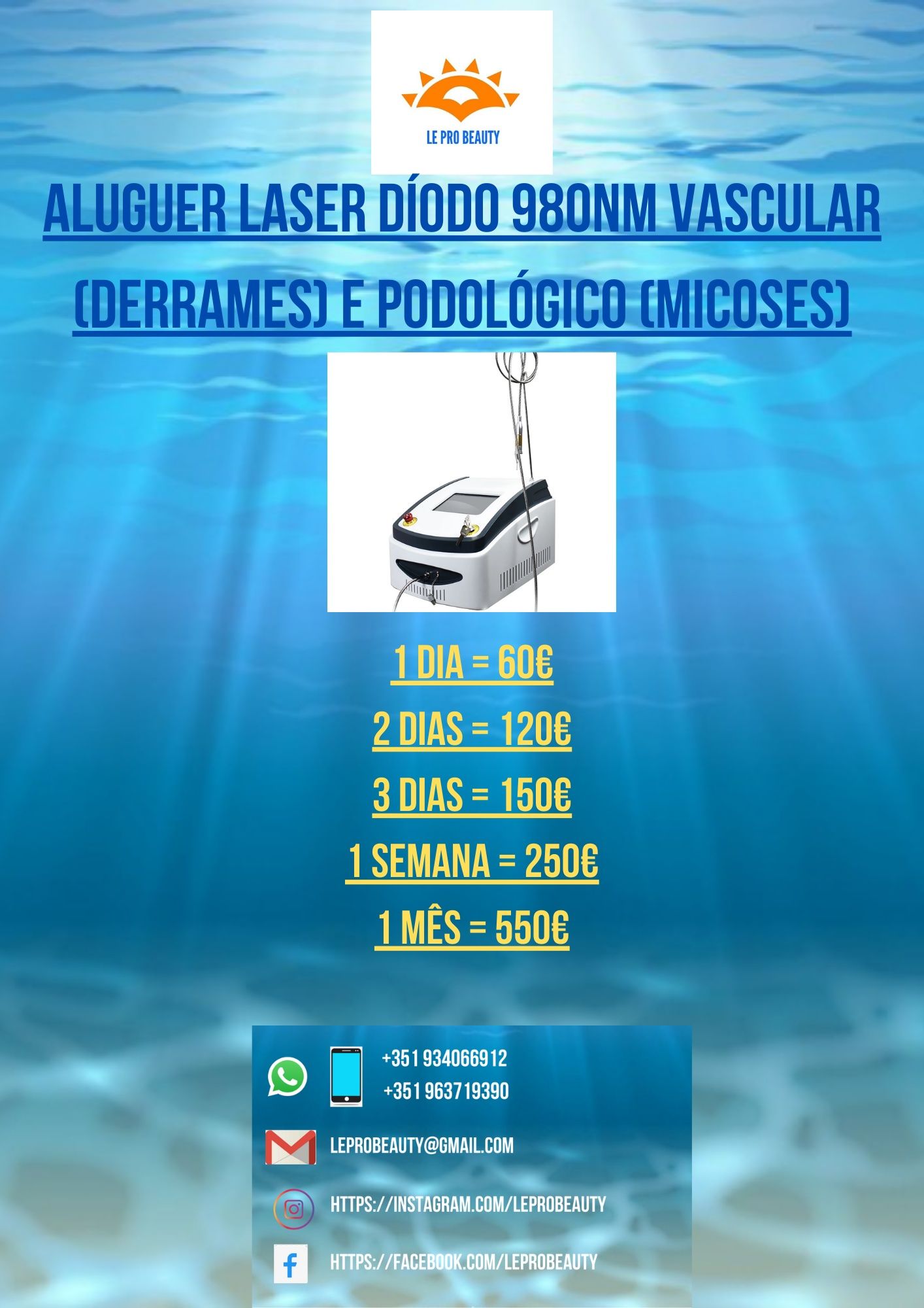 Aluguer laser diodo 980nm 60W vascular (derrames) podológico (micoses)