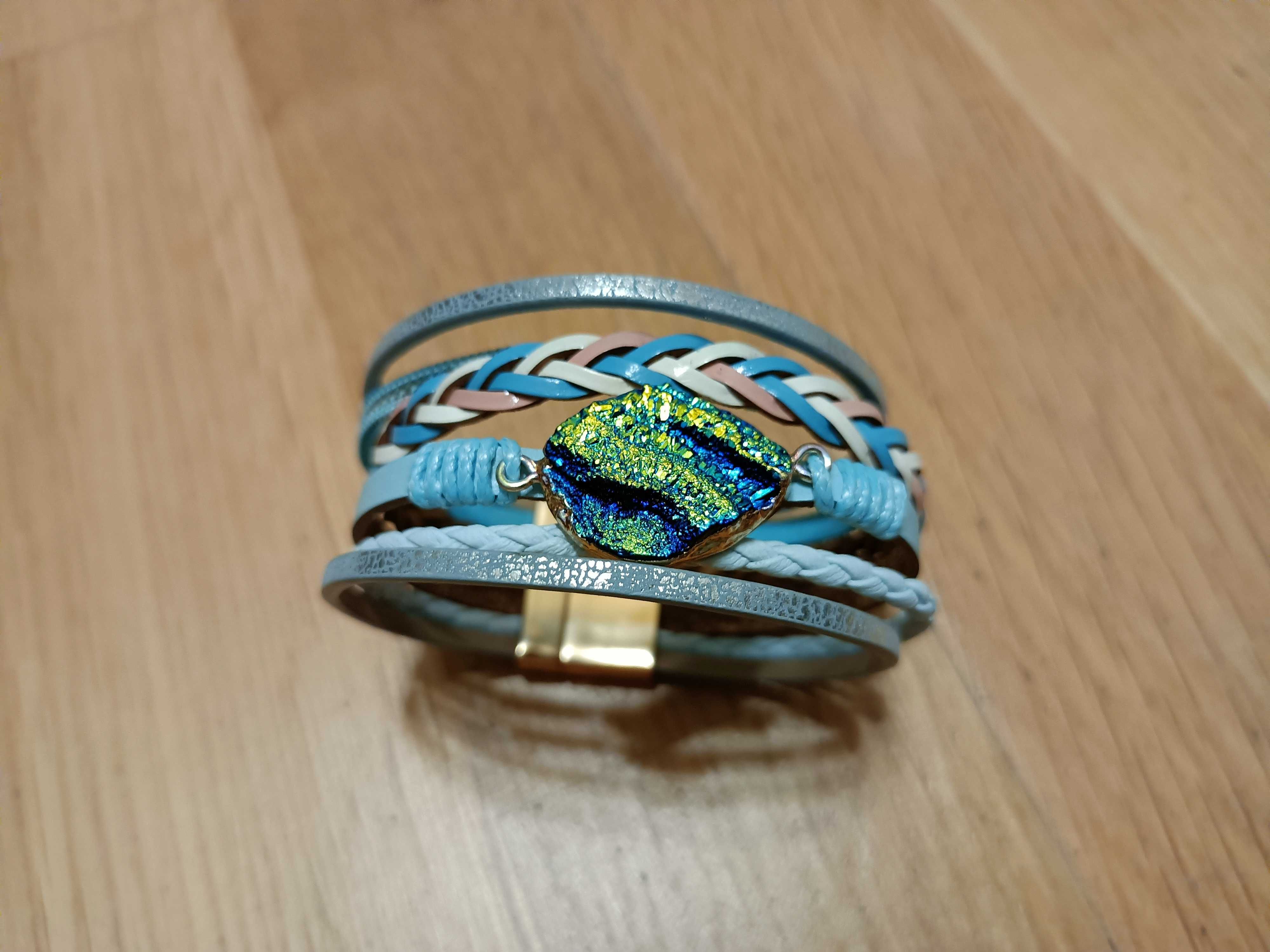 NOWA skórzana bransoletka turkusowa z kamieniem / styl boho