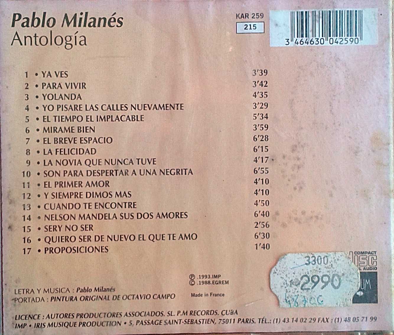 CD Pablo Milanés. Antologia (em espanhol), Inclui portes