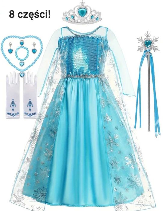 Zestaw XXL! Księżniczka Elsa Elza, r. 128/134 + akcesoria! przebranie