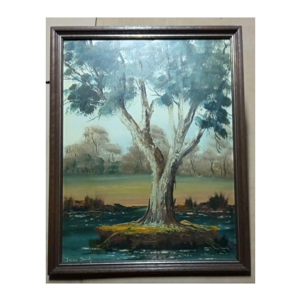 Obraz antyk duży ręcznie malowany drzewo natura w ramie