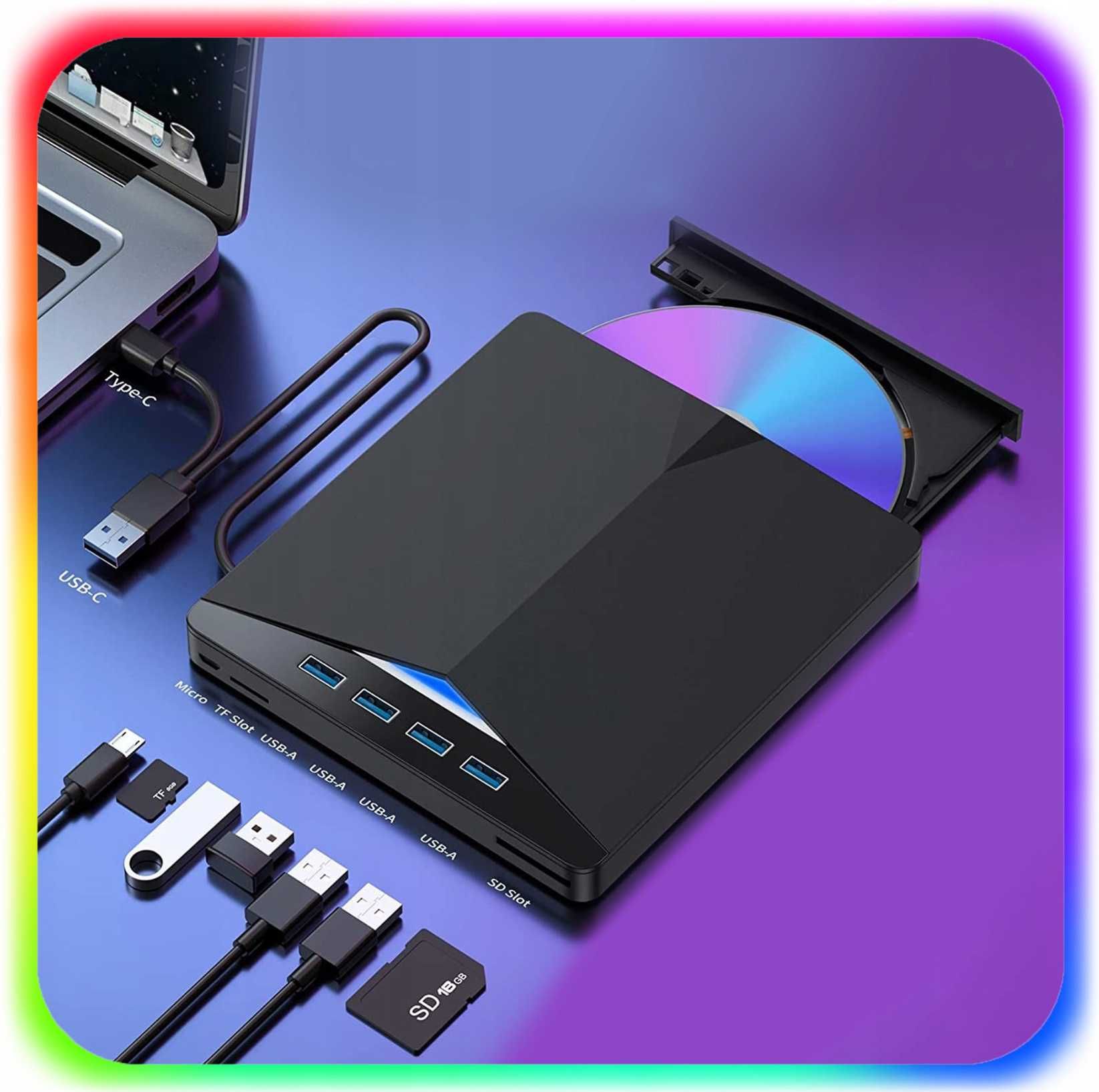 Nagrywarka Zewnętrzna DVD USB-C HUB USB 3.2 Czytnik Kart RGB NOWA