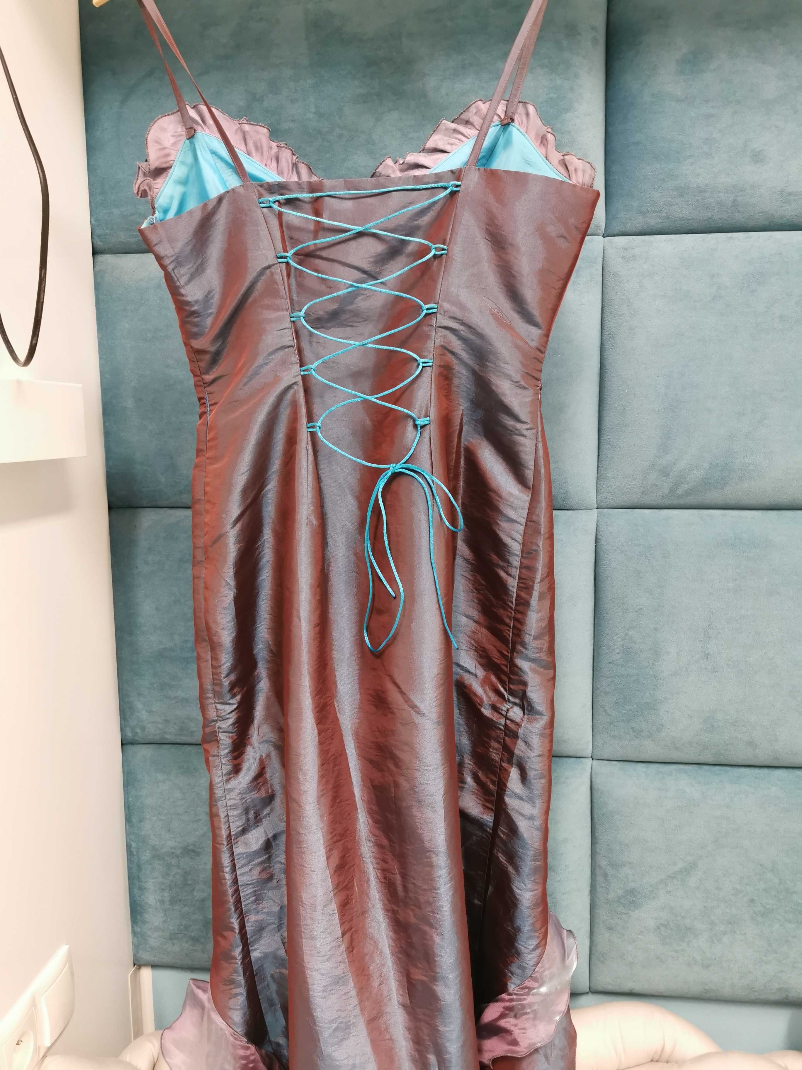 Sukienka sylwestra studniówkę falbany vintage rybka asymetryczna m 38