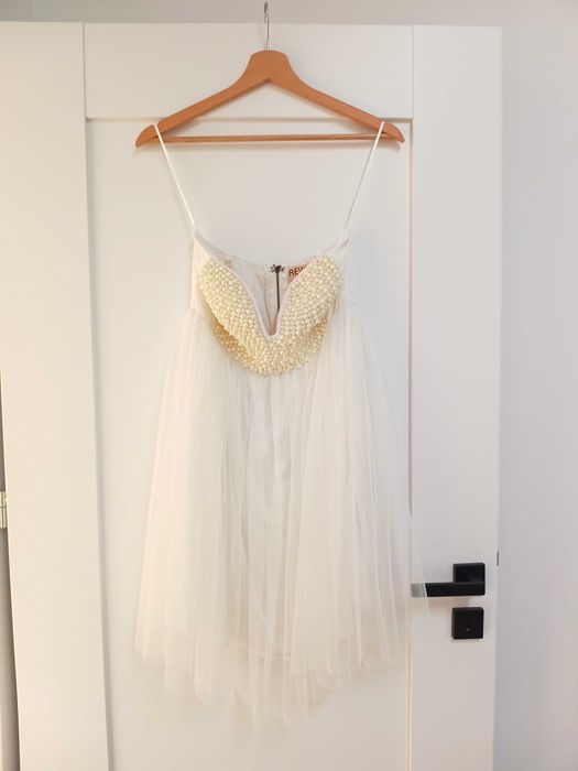 Biała weselna sukienka z gipiura i perełkami 38M nawesele ślub kremowa