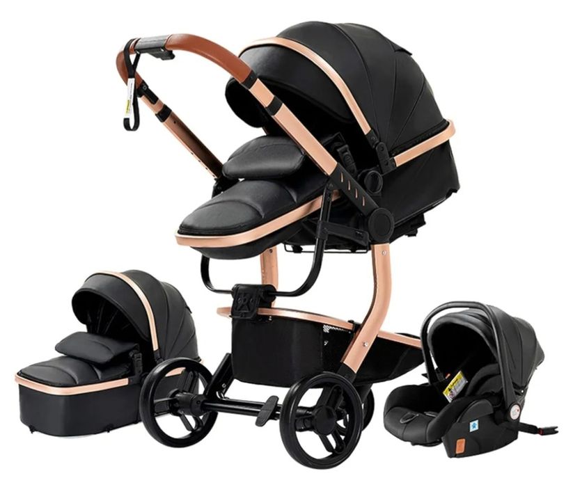 Czarno złoty wózek dziecięcy 3 w 1 design gondola spacerówka fotelik